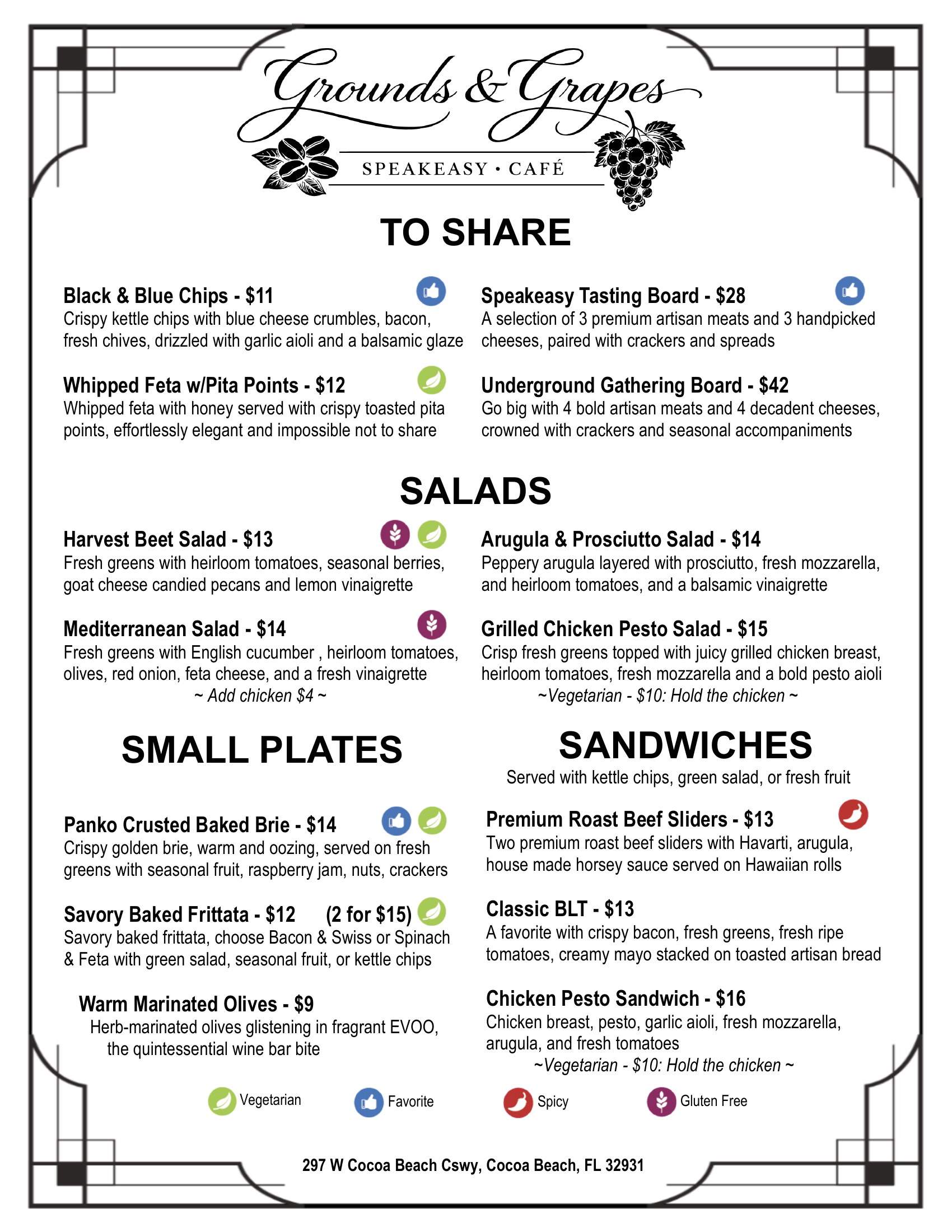 Grounds and Grapes menu page 1